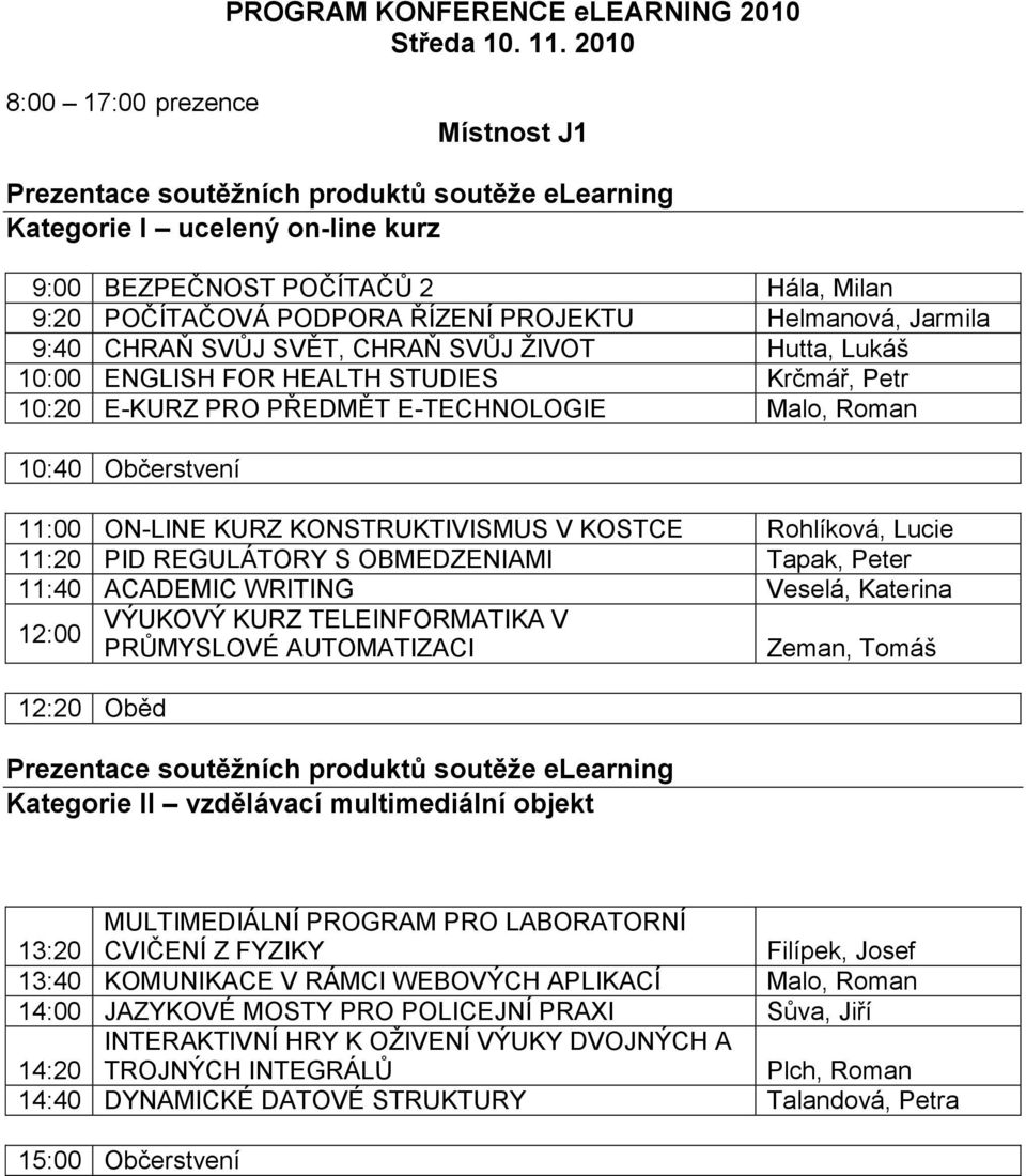 Jarmila 9:40 CHRAŇ SVŮJ SVĚT, CHRAŇ SVŮJ ŢIVOT Hutta, Lukáš 10:00 ENGLISH FOR HEALTH STUDIES Krčmář, Petr 10:20 E-KURZ PRO PŘEDMĚT E-TECHNOLOGIE Malo, Roman 10:40 Občerstvení 11:00 ON-LINE KURZ