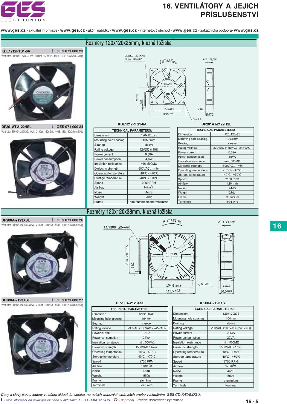 KDE1212PTS1-6A DP201AT-2122HSL Rozměry 120x120x38mm, kluzná ložiska DP200A-2123XSL i GES 071 000 26 Ventilátor SUNON 230VAC/22VA, 2700ot,