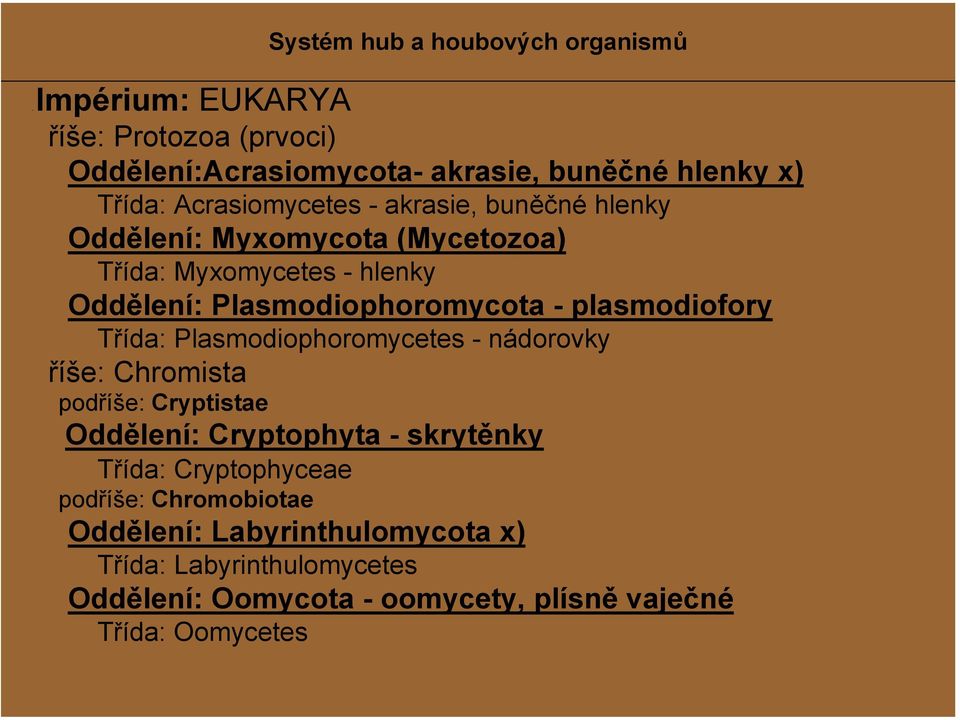 hlenky Oddělení: Myxomycota (Mycetozoa) Třída: Myxomycetes - hlenky Oddělení: Plasmodiophoromycota - plasmodiofory Třída: