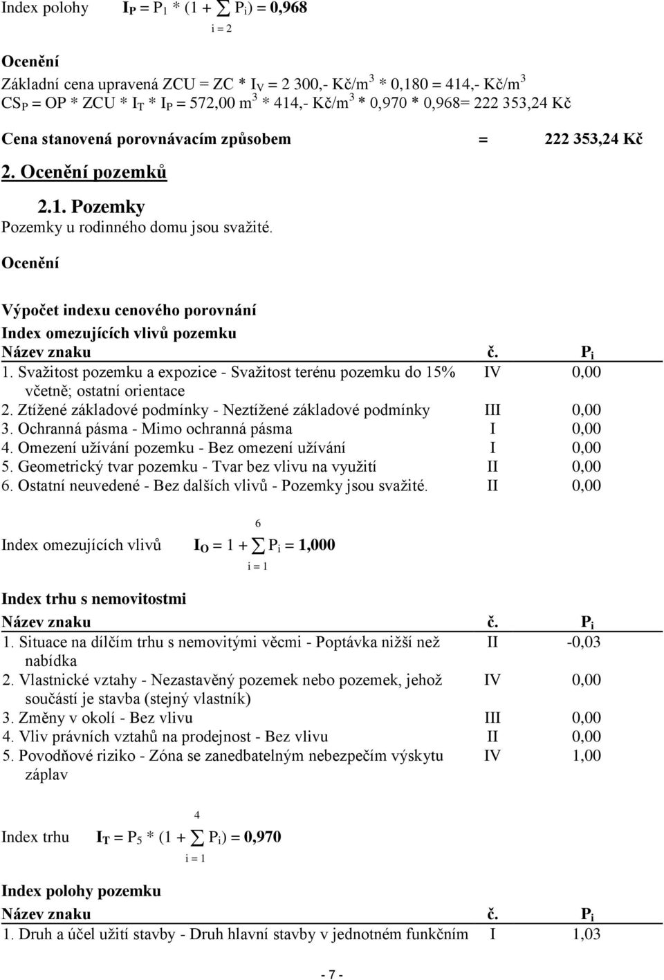 Ocenění Výpočet indexu cenového porovnání Index omezujících vlivů pozemku Název znaku č. P i 1. Svažitost pozemku a expozice - Svažitost terénu pozemku do 15% IV 0,00 včetně; ostatní orientace 2.