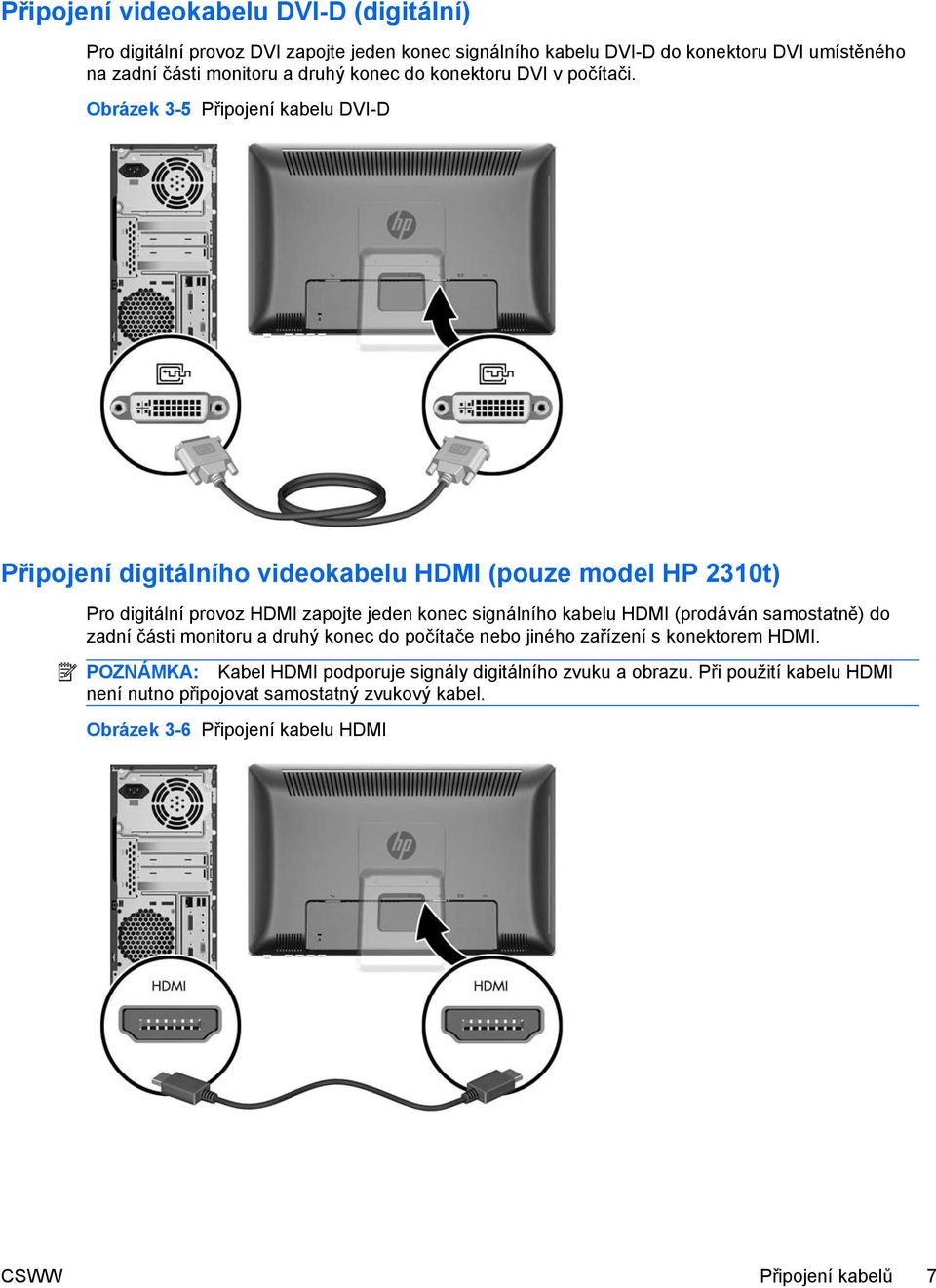 Obrázek 3-5 Připojení kabelu DVI-D Připojení digitálního videokabelu HDMI (pouze model HP 2310t) Pro digitální provoz HDMI zapojte jeden konec signálního kabelu HDMI