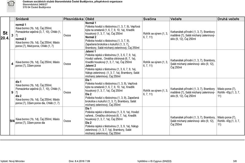 Brambory houskový (1, 3, 7, 1a), Rohlík se sýrem (1, 3, 7) Ovoce maštěné (7), Salát míchaný zeleninový- 6, 7, sklo (, 12), Polévka hovězí s těstovinou (1, 3, 7, ), Zapečená brokolice s kukuřicí (1,