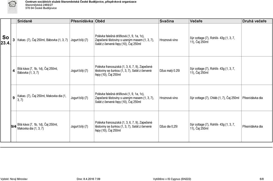 7, ), Zapečené těstoviny se šunkou (1, 3, 7), Salát z červené řepy (10), Džus malý 0.25l Sýr cottage (7),, Kakao.