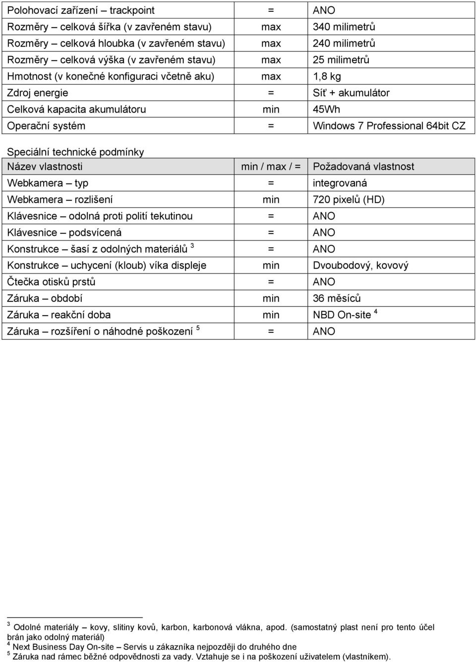 Speciální technické podmínky Webkamera typ = integrovaná Webkamera rozlišení min 720 pixelů (HD) Klávesnice odolná proti polití tekutinou = ANO Klávesnice podsvícená = ANO Konstrukce šasí z odolných