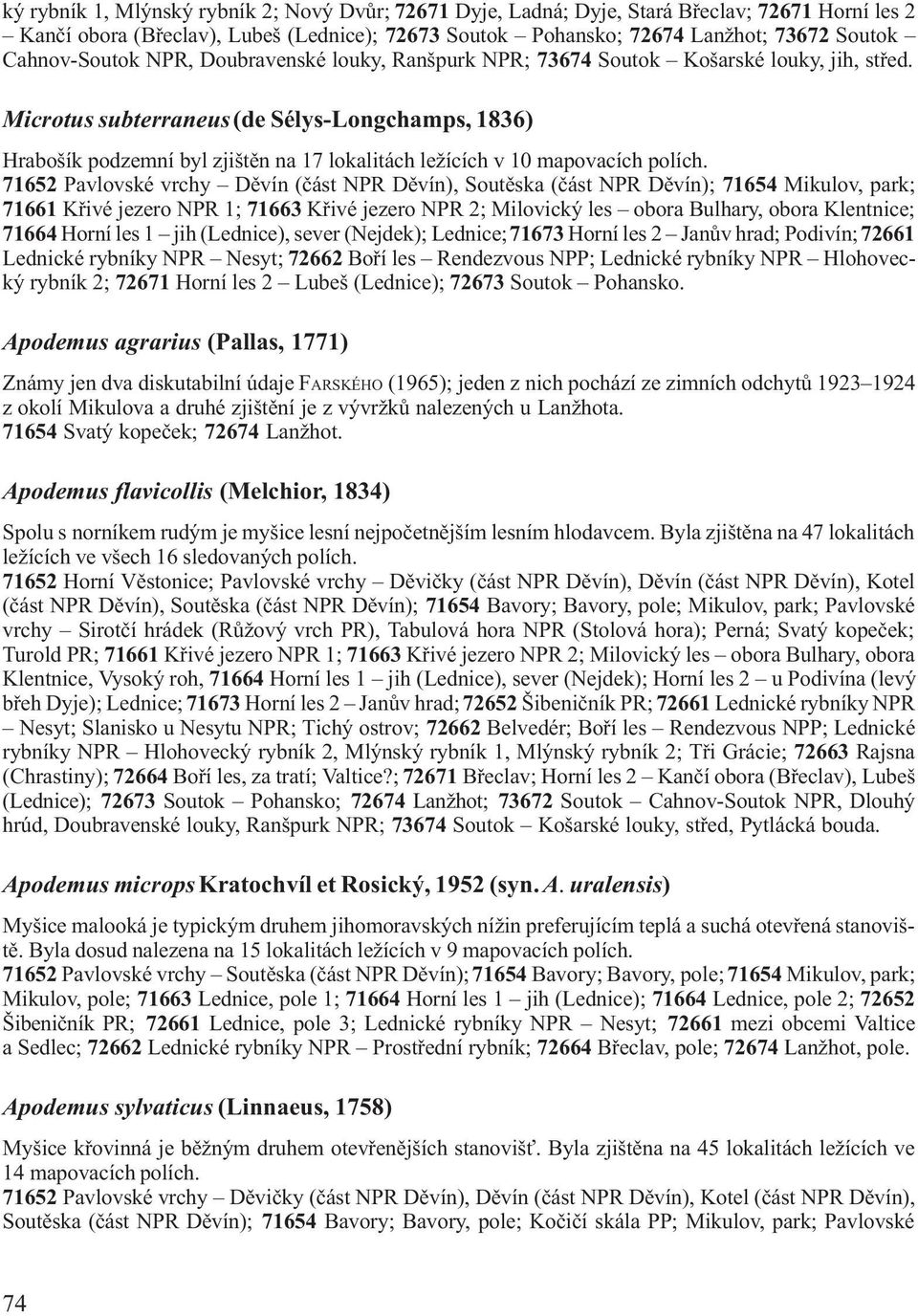 Microtus subterraneus (de Sélys-Longchamps, 1836) Hrabošík podzemní byl zjištìn na 17 lokalitách ležících v 10 mapovacích polích.