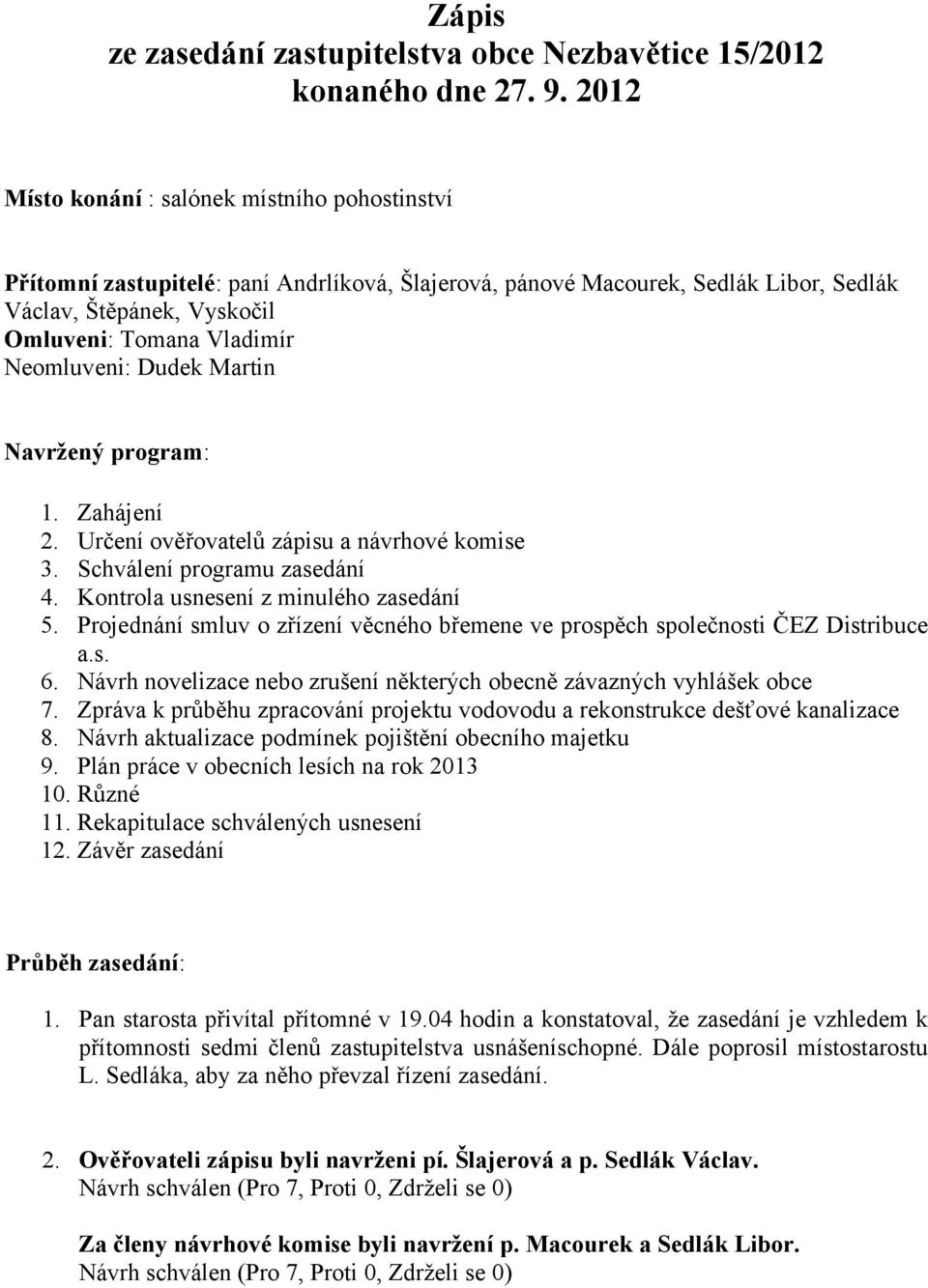 Neomluveni: Dudek Martin Navržený program: 1. Zahájení 2. Určení ověřovatelů zápisu a návrhové komise 3. Schválení programu zasedání 4. Kontrola usnesení z minulého zasedání 5.