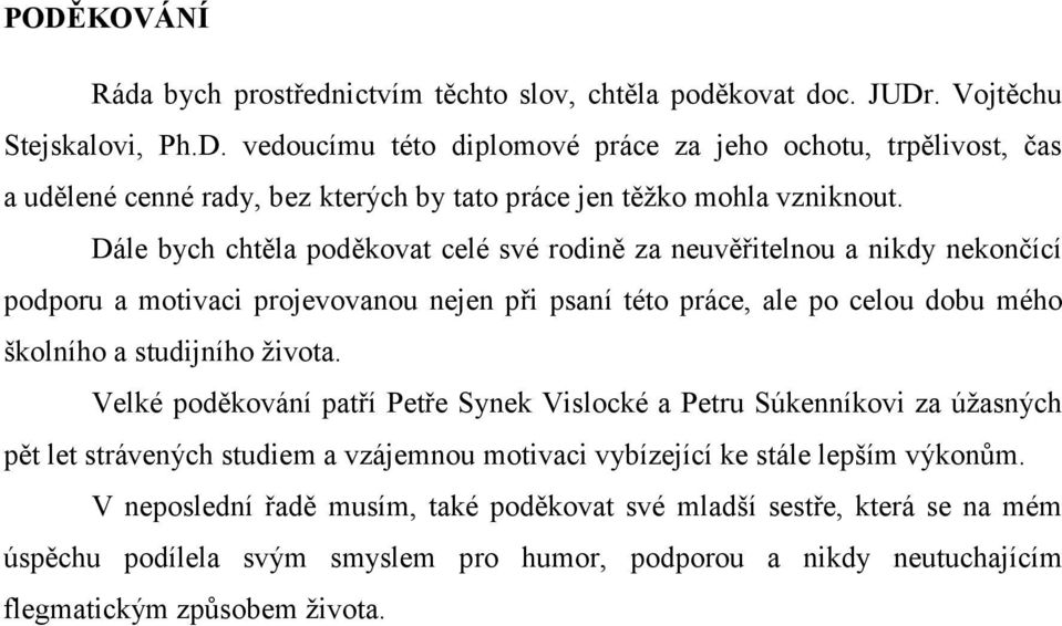 Velké poděkování patří Petře Synek Vislocké a Petru Súkenníkovi za úžasných pět let strávených studiem a vzájemnou motivaci vybízející ke stále lepším výkonům.