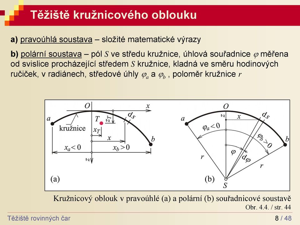 směru hodinových ručiček, v rdiánech, středové úhly ϕ ϕ, poloměr kružnice r () () Těžiště