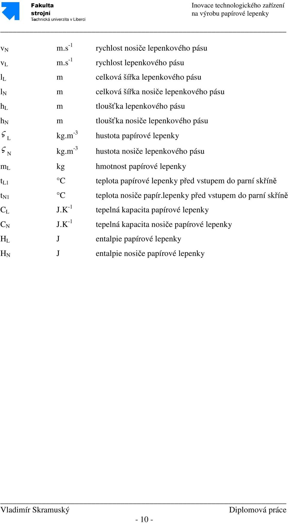 nosiče lepenkového pásu ς L kg.m -3 hustota papírové lepenky ς N kg.