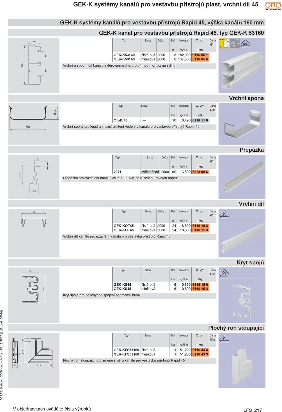 m kg/% m PVC Vrchní spona Typ Barva OK-K 45 10 kg/% ks V2A 0,490 6116 11 6 Vrchní spony pro lepší a snazší uložení vedení v kanálu pro vestavbu přístrojů Rapid 45.