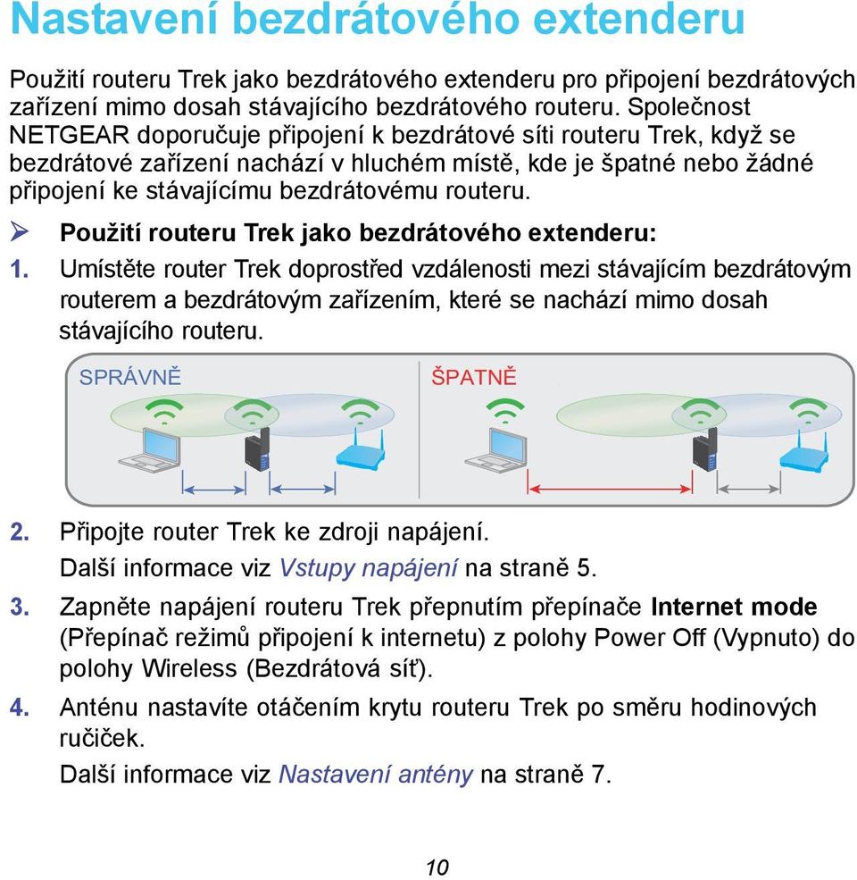 Společnost NETGEAR doporučuje připojení k bezdrátové síti routeru Trek, když se bezdrátové zařízení nachází v hluchém místě, kde je špatné nebo žádné připojení ke stávajícímu bezdrátovému routeru.