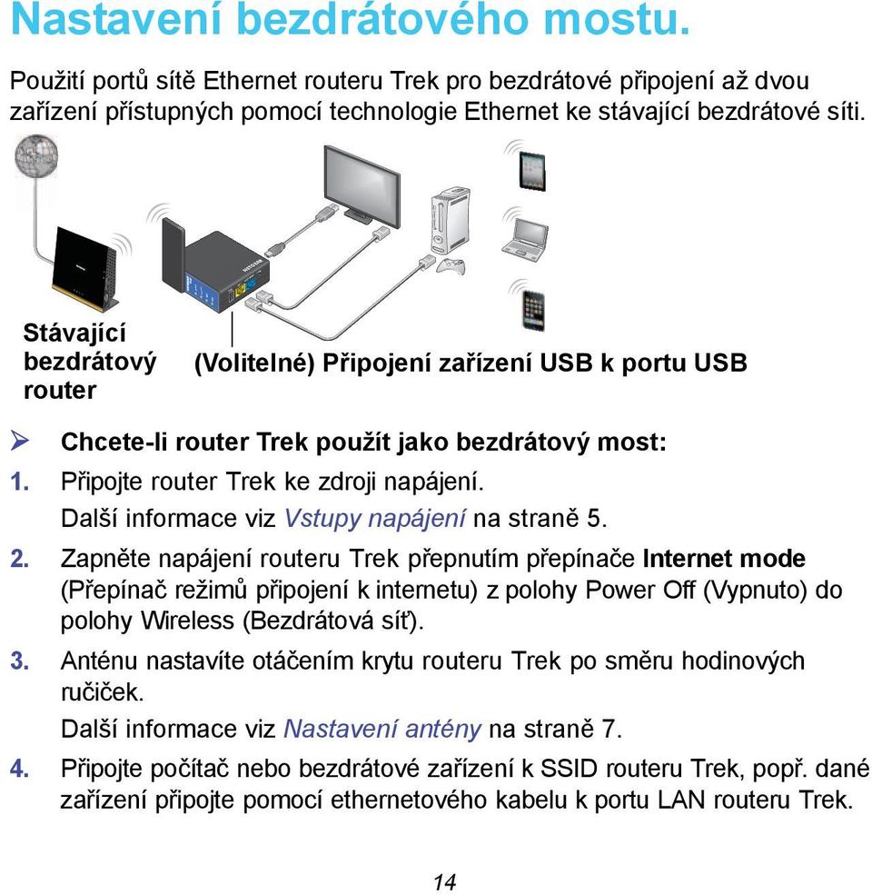 Power NETGEAR Stávající bezdrátový router (Volitelné) Připojení zařízení USB k portu USB Chcete-li router Trek použít jako bezdrátový most: 1. Připojte router Trek ke zdroji napájení.