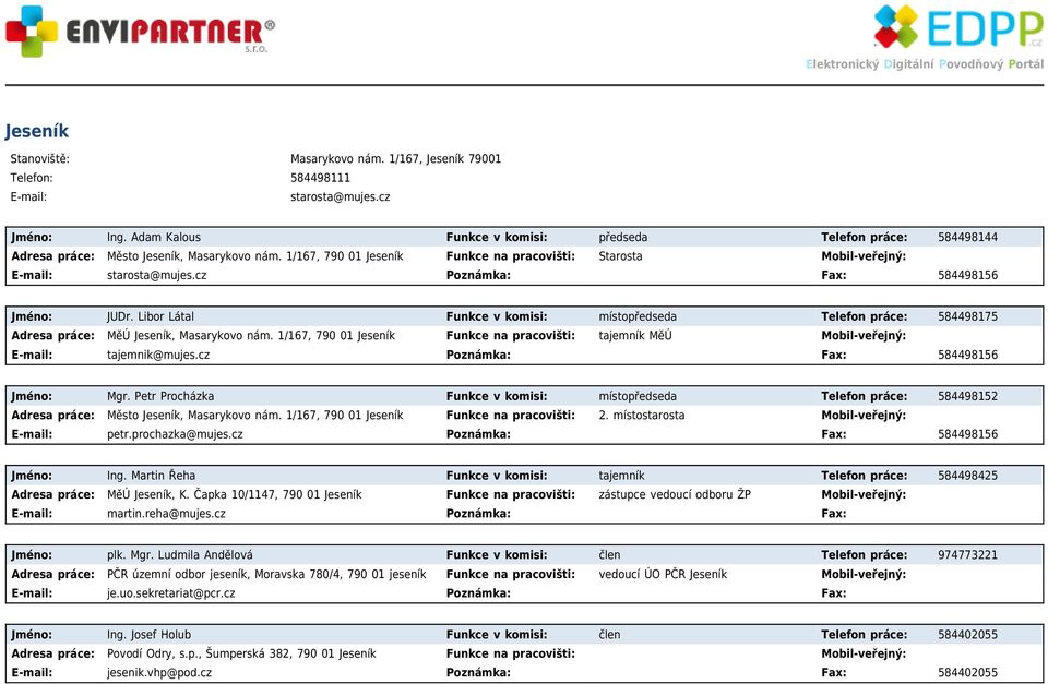 cz Poznámka: Fax: 584498156 Jméno: JUDr. Libor Látal Funkce v komisi: místopředseda Telefon práce: 584498175 MěÚ Jeseník, Masarykovo nám.