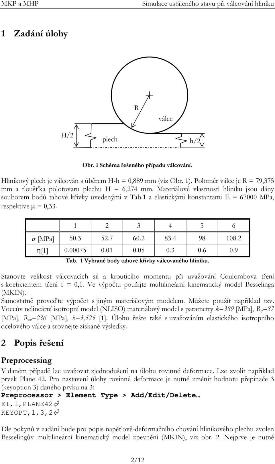 1 a elastickými konstantami E = 67000 MPa, respektive µ = 0,33. 1 2 3 4 5 6 σ [MPa] 50.3 52.7 60.2 83.4 98 108.2 η[1] 0.00075 0.01 0.05 0.3 0.6 0.9 Tab.