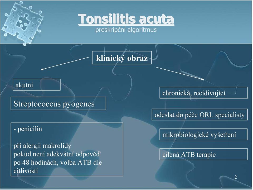 adekvátní odpověď po 48 hodinách, volba ATB dle citlivosti chronická,
