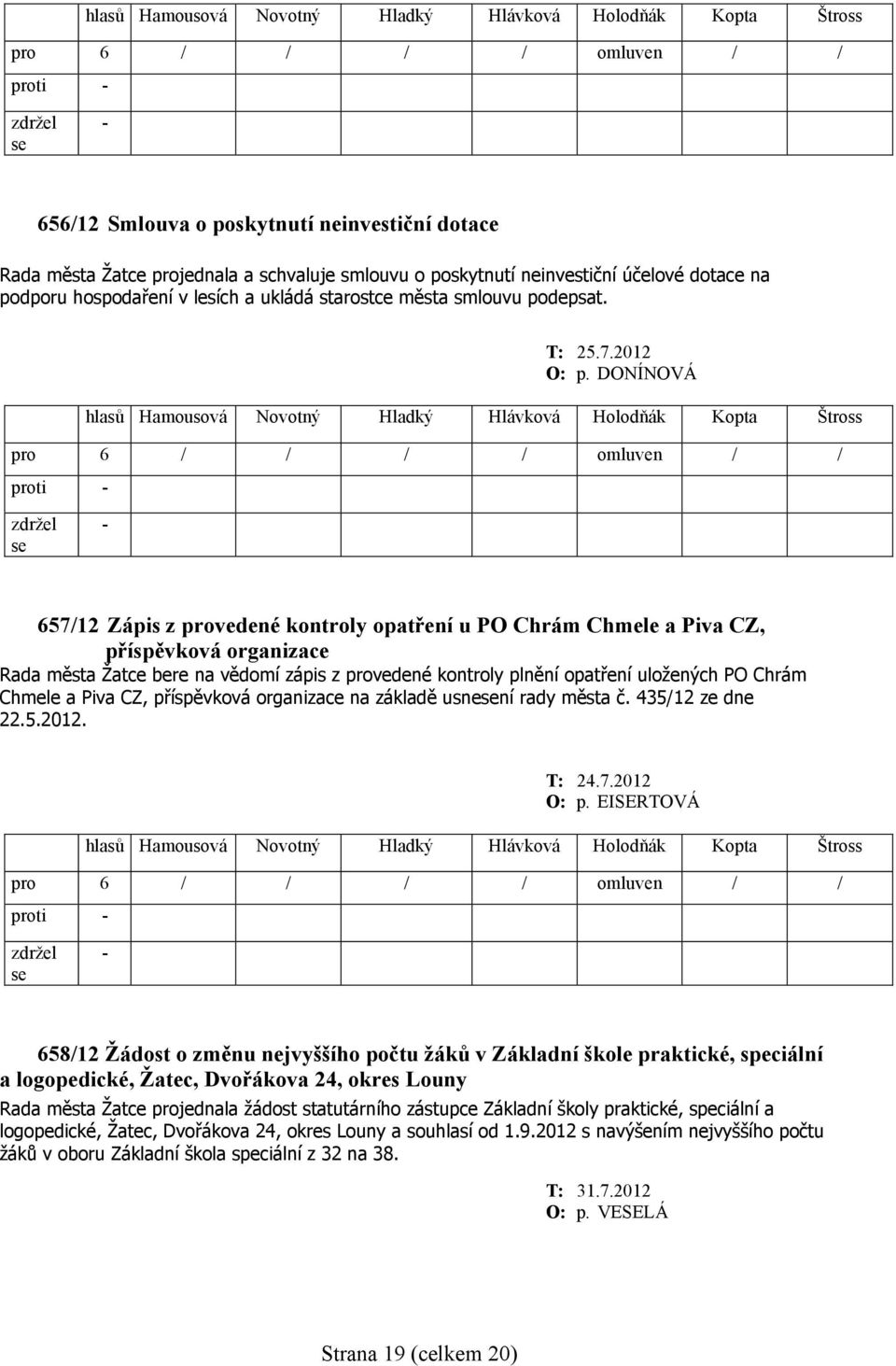 DONÍNOVÁ 657/12 Zápis z provedené kontroly opatření u PO Chrám Chmele a Piva CZ, příspěvková organizace Rada města Žatce bere na vědomí zápis z provedené kontroly plnění opatření uložených PO Chrám