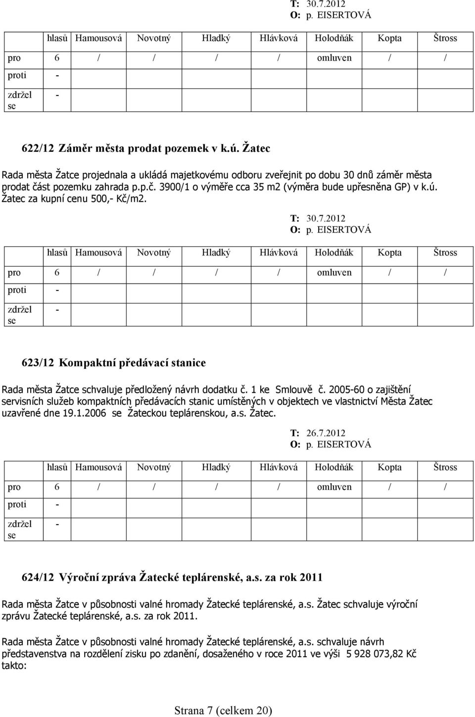 2012 623/12 Kompaktní předávací stanice Rada města Žatce schvaluje předložený návrh dodatku č. 1 ke Smlouvě č.