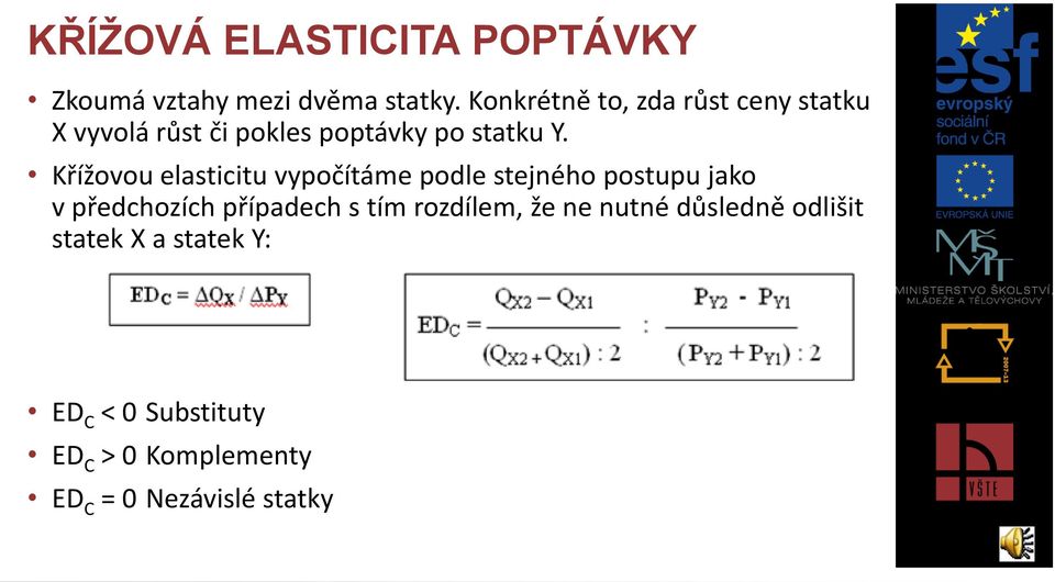 Křížovou elasticitu vypočítáme podle stejného postupu jako v předchozích případech s tím