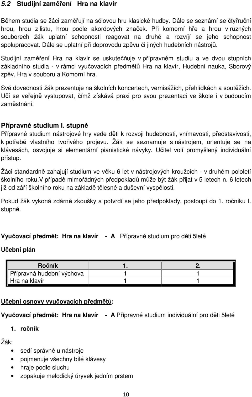 Studijní zaměření Hra na klavír se uskutečňuje v přípravném studiu a ve dvou stupních základního studia - v rámci vyučovacích předmětů Hra na klavír, Hudební nauka, Sborový zpěv, Hra v souboru a