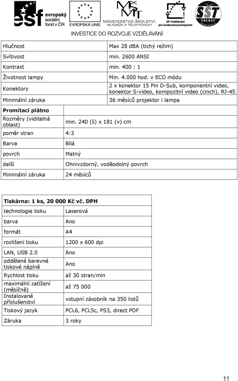 240 (š) x 181 (v) cm Barva povrch další Minimální záruka Bílá Matný Ohnivzdorný, voděodolný povrch 24 měsíců Tiskárna: 1 ks, 20 000 Kč vč.