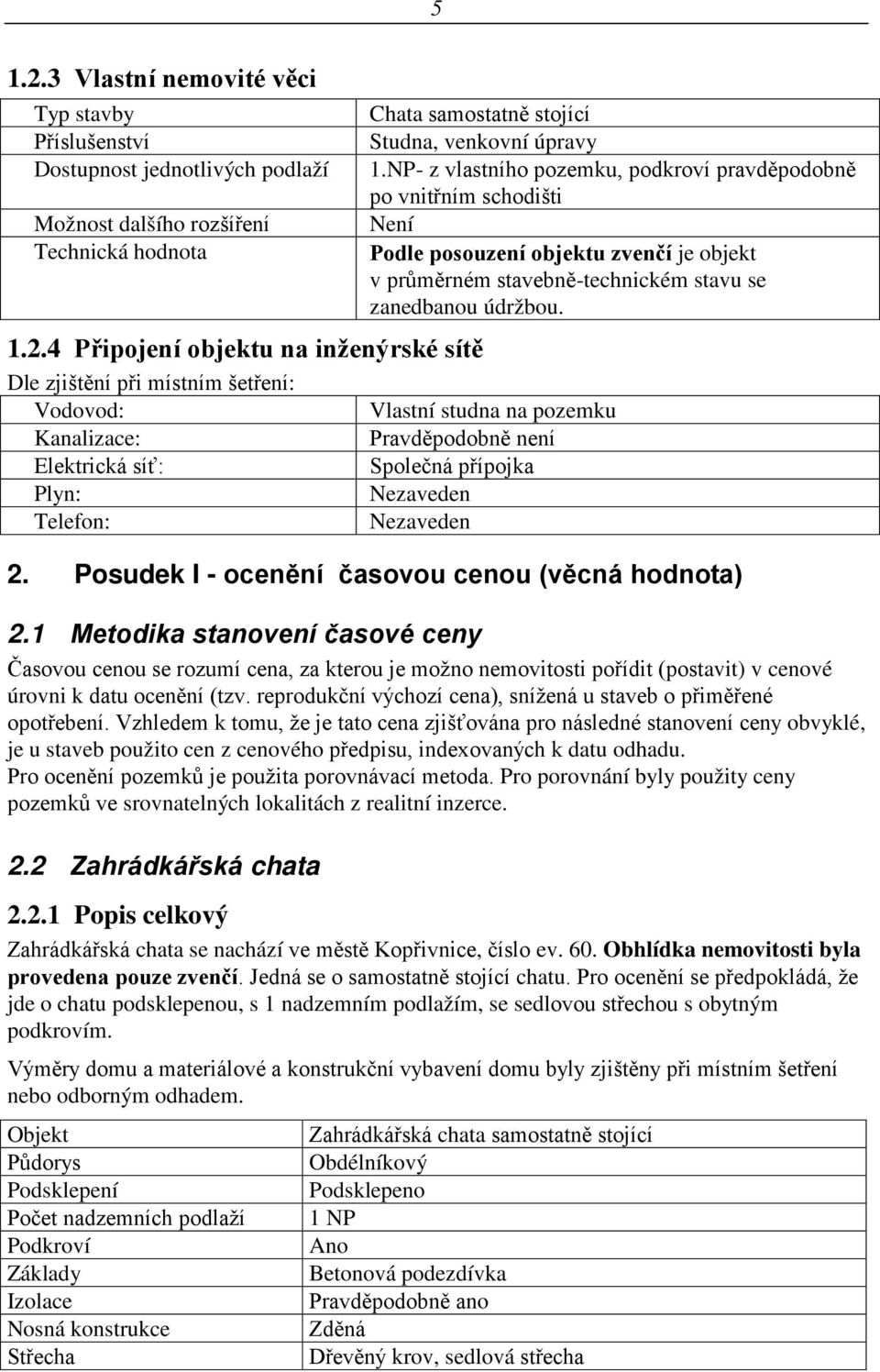 Vlastní studna na pozemku Pravděpodobně není Společná přípojka Nezaveden Nezaveden 2. Posudek I - ocenění časovou cenou (věcná hodnota) 2.