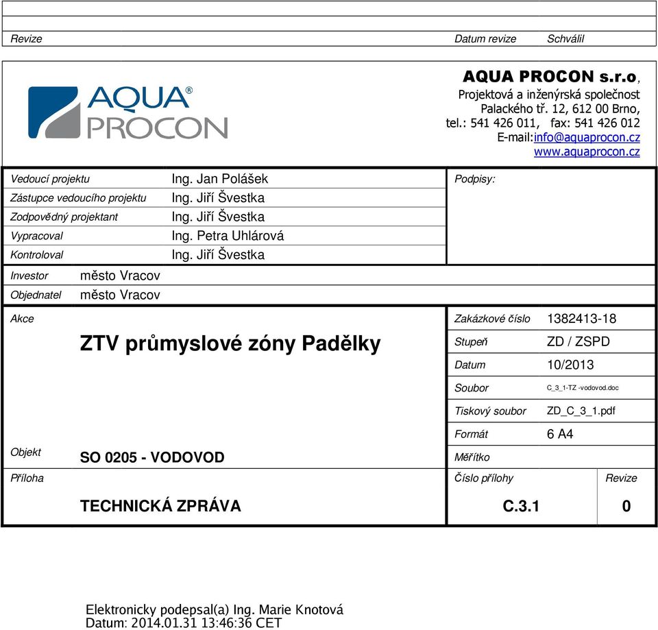 Petra Uhlárová Akce Zakázkové číslo 1382413-18 AQUA PROCON s.r.o, Projektová a inženýrská společnost Palackého tř. 12, 612 00 Brno, tel.