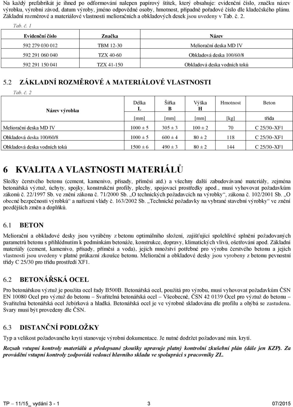 slo dle kladečského plánu. Základní rozměrové a materiálové vlastnosti melioračních a obkladových desek jsou uvedeny v Tab. č.