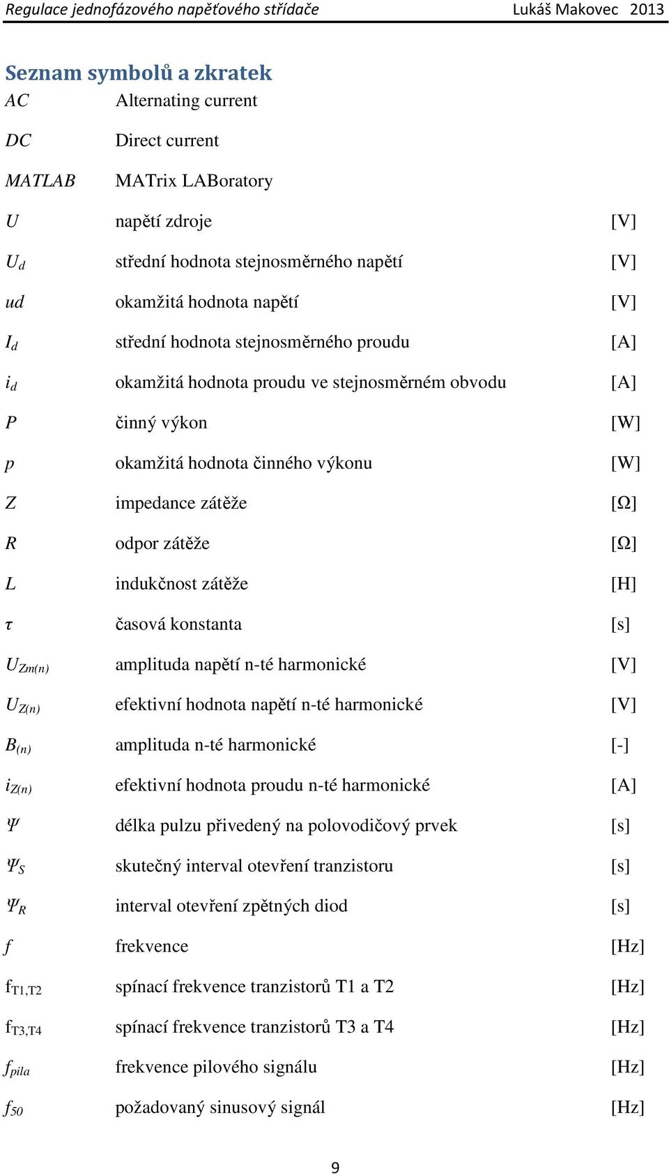 indukčnost zátěže [H] τ časová konstanta [s] U Zm(n) amplituda napětí n-té harmonické [V] U Z(n) efektivní hodnota napětí n-té harmonické [V] B (n) amplituda n-té harmonické [-] i Z(n) efektivní