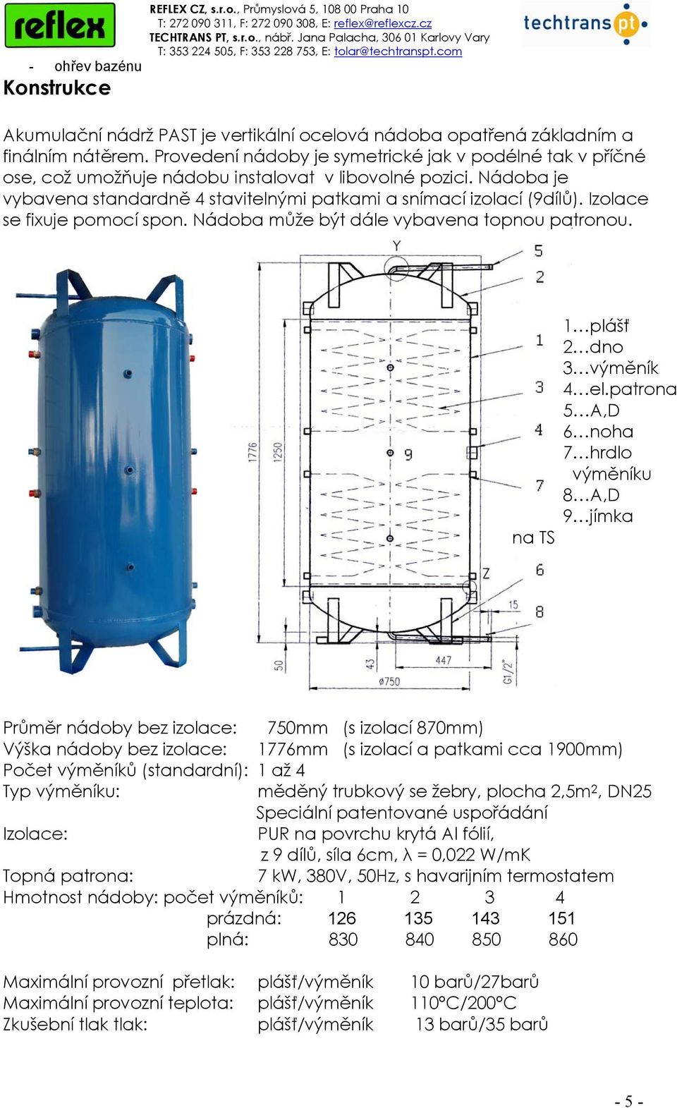 Izolace se fixuje pomocí spon. Nádoba může být dále vybavena topnou patronou. na S 1 plášť 2 dno 3 výměník 4 el.