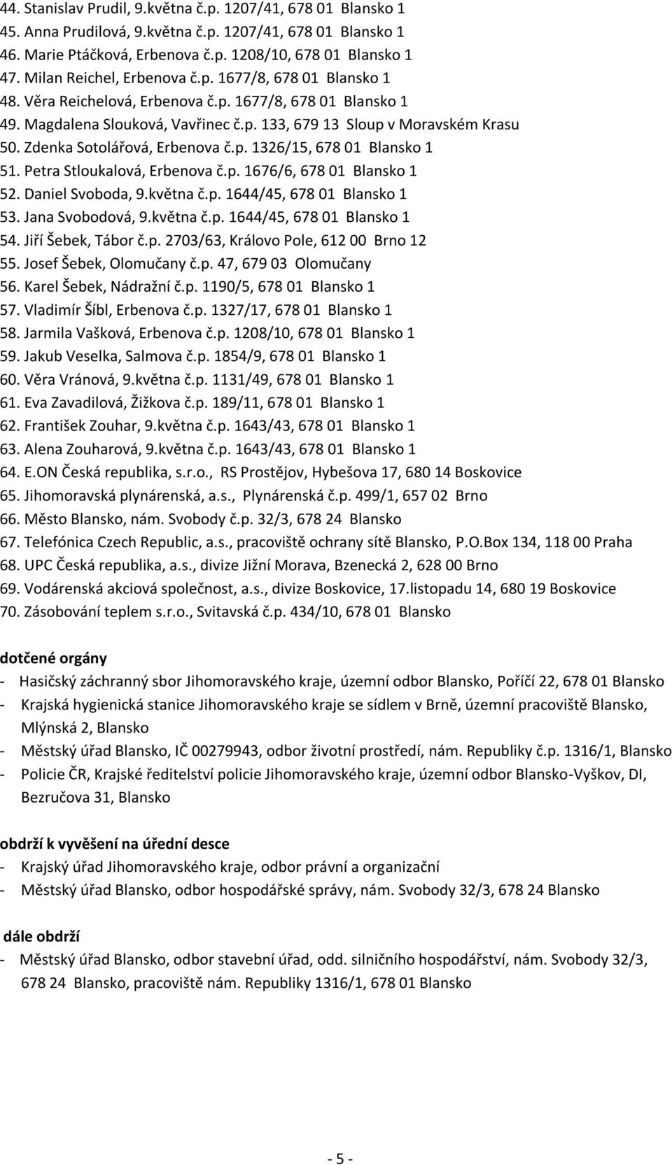 Zdenka Sotolářová, Erbenova č.p. 1326/15, 678 01 Blansko 1 51. Petra Stloukalová, Erbenova č.p. 1676/6, 678 01 Blansko 1 52. Daniel Svoboda, 9.května č.p. 1644/45, 678 01 Blansko 1 53.