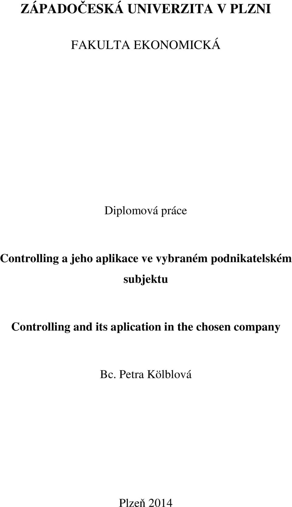 vybraném podnikatelském subjektu Controlling and its