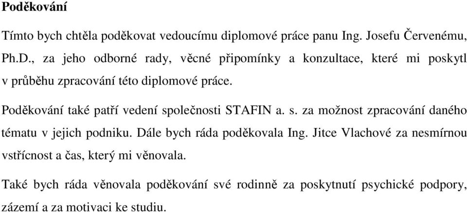 Poděkování také patří vedení společnosti STAFIN a. s. za možnost zpracování daného tématu v jejich podniku.