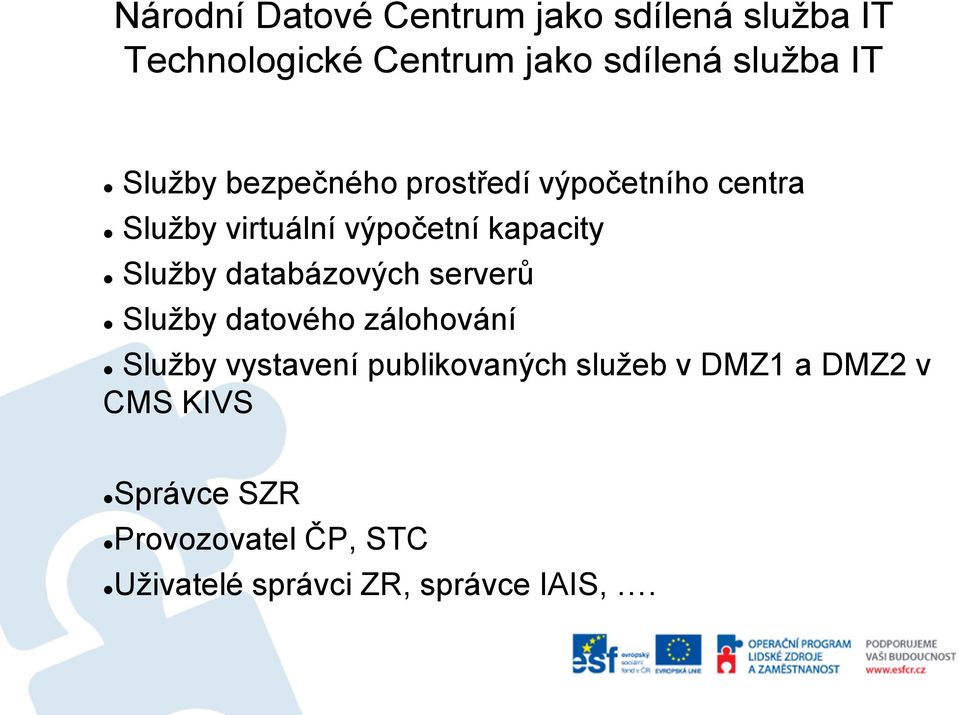 databázových serverů Služby datového zálohování Služby vystavení publikovaných služeb v