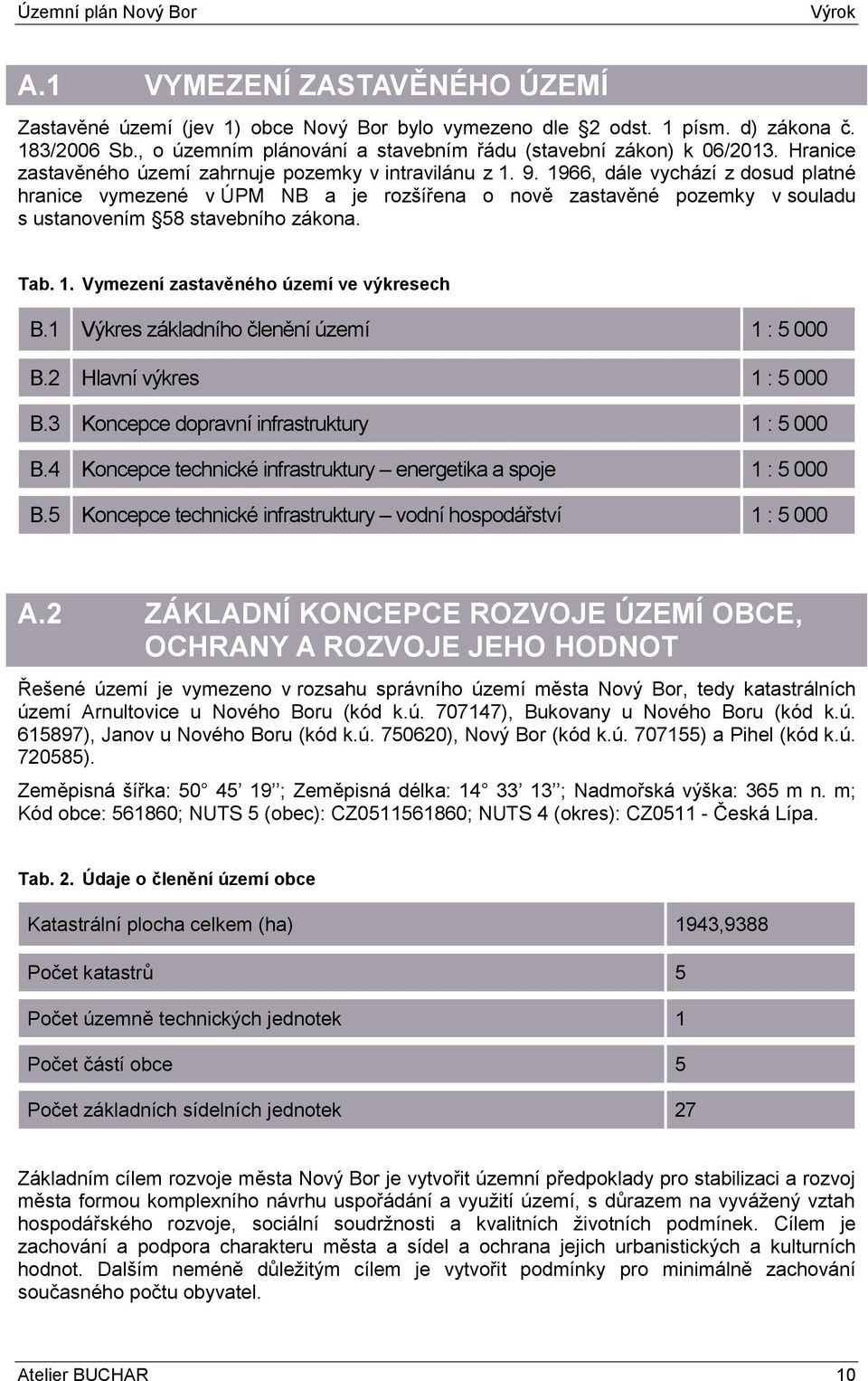 1966, dále vychází z dosud platné hranice vymezené v ÚPM NB a je rozšířena o nově zastavěné pozemky v souladu s ustanovením 58 stavebního zákona. Tab. 1. Vymezení zastavěného území ve výkresech B.