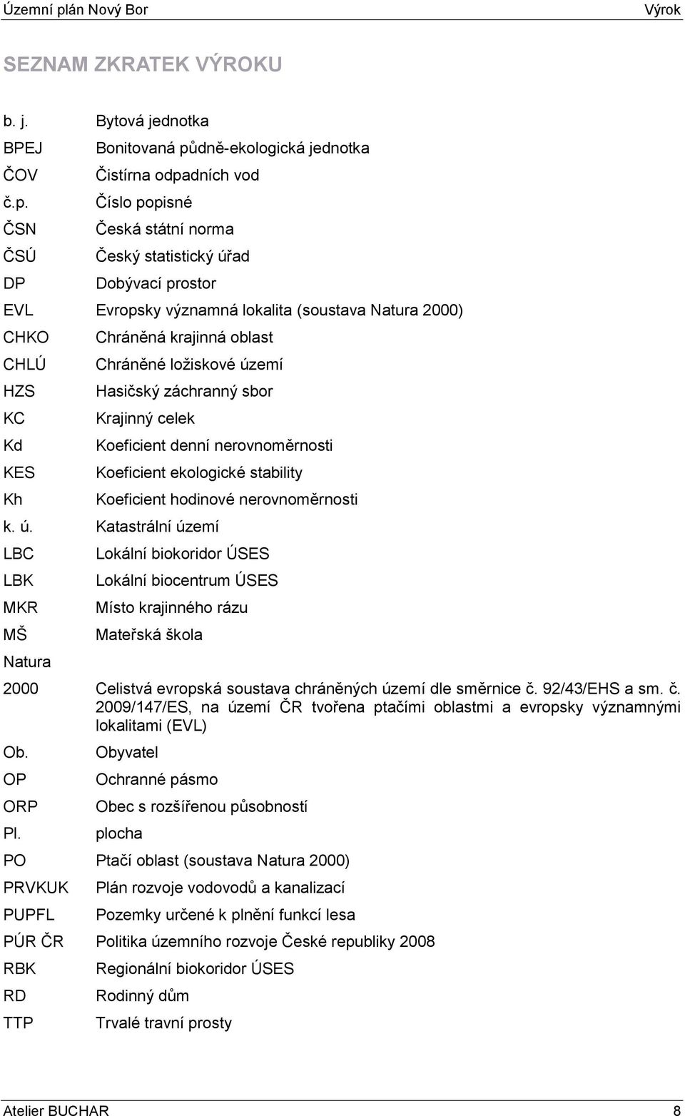 ČSN ČSÚ DP Bonitovaná půdně-ekologická jednotka Čistírna odpadních vod Číslo popisné Česká státní norma Český statistický úřad Dobývací prostor EVL Evropsky významná lokalita (soustava Natura 2000)