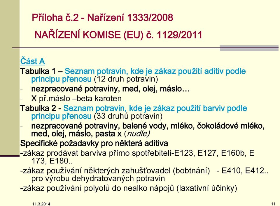 máslo beta karoten Tabulka 2 - Seznam potravin, kde je zákaz použití barviv podle principu přenosu (33 druhů potravin) - nezpracované potraviny, balené vody, mléko, čokoládové mléko,