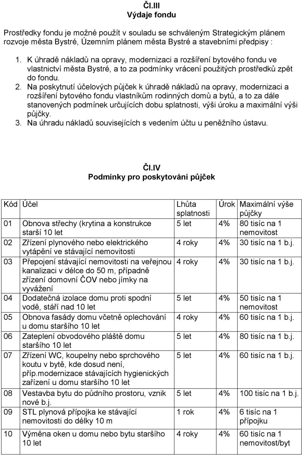 Na poskytnutí účelových půjček k úhradě nákladů na opravy, modernizaci a rozšíření bytového fondu vlastníkům rodinných domů a bytů, a to za dále stanovených podmínek určujících dobu splatnosti, výši