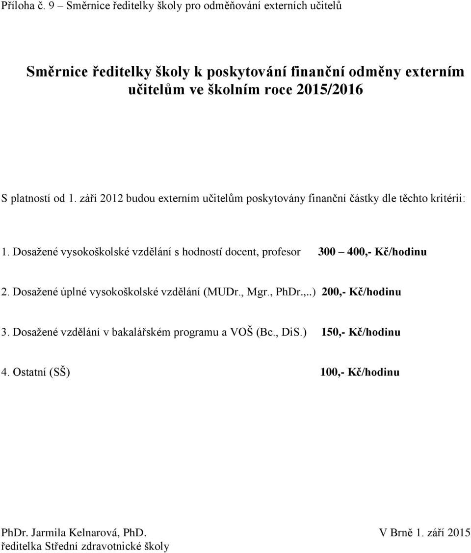 2015/2016 S platností od 1. září 2012 budou externím učitelům poskytovány finanční částky dle těchto kritérii: 1.