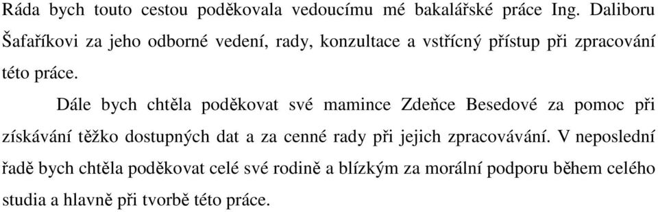 Dále bych chtěla poděkovat své mamince Zdeňce Besedové za pomoc při získávání těžko dostupných dat a za cenné rady