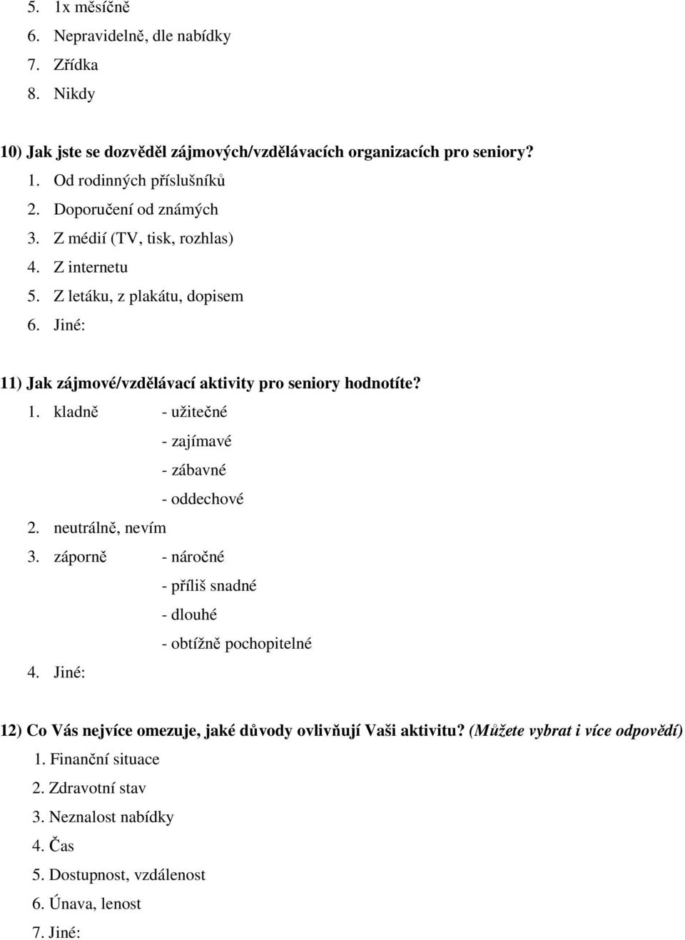 neutrálně, nevím 3. záporně - náročné - příliš snadné - dlouhé - obtížně pochopitelné 4. Jiné: 12) Co Vás nejvíce omezuje, jaké důvody ovlivňují Vaši aktivitu?