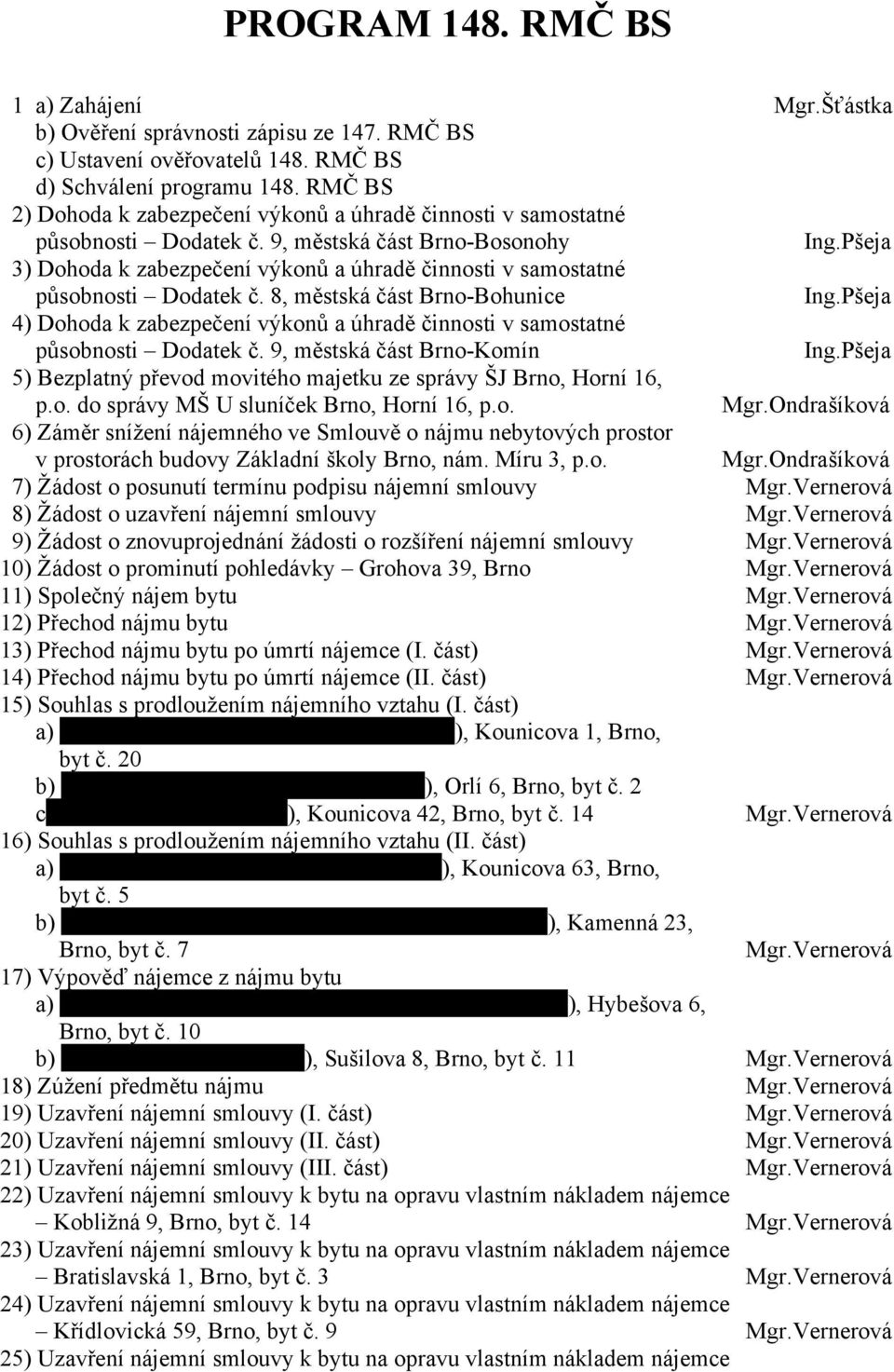 Pšeja 3) Dohoda k zabezpečení výkonů a úhradě činnosti v samostatné působnosti Dodatek č. 8, městská část Brno-Bohunice Ing.