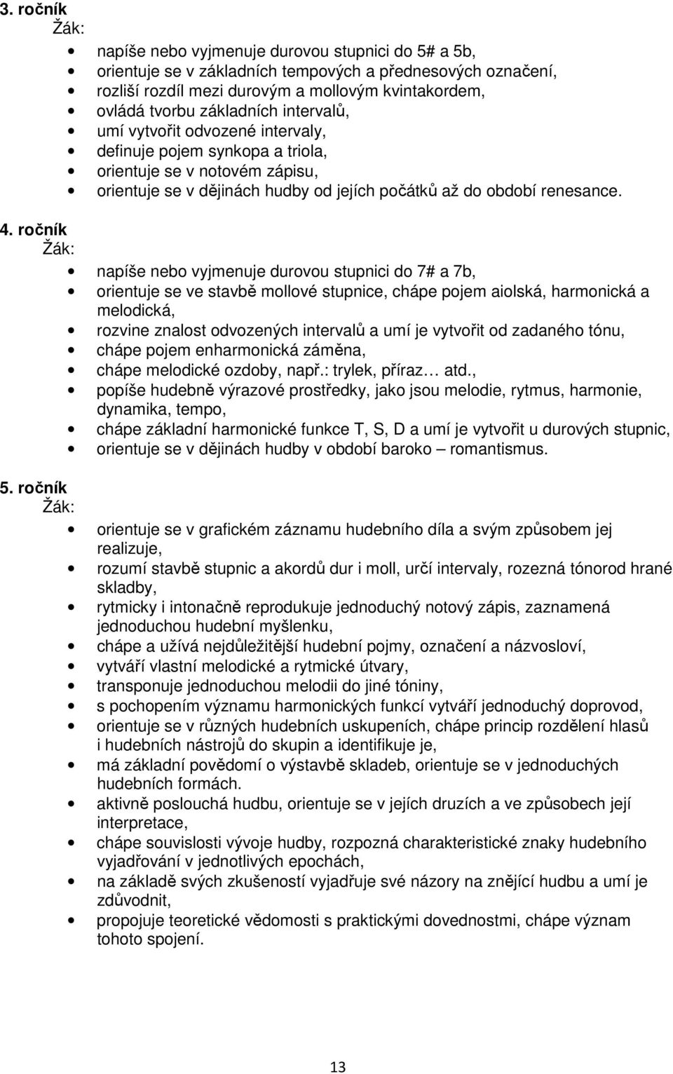 ročník napíše nebo vyjmenuje durovou stupnici do 7# a 7b, orientuje se ve stavbě mollové stupnice, chápe pojem aiolská, harmonická a melodická, rozvine znalost odvozených intervalů a umí je vytvořit