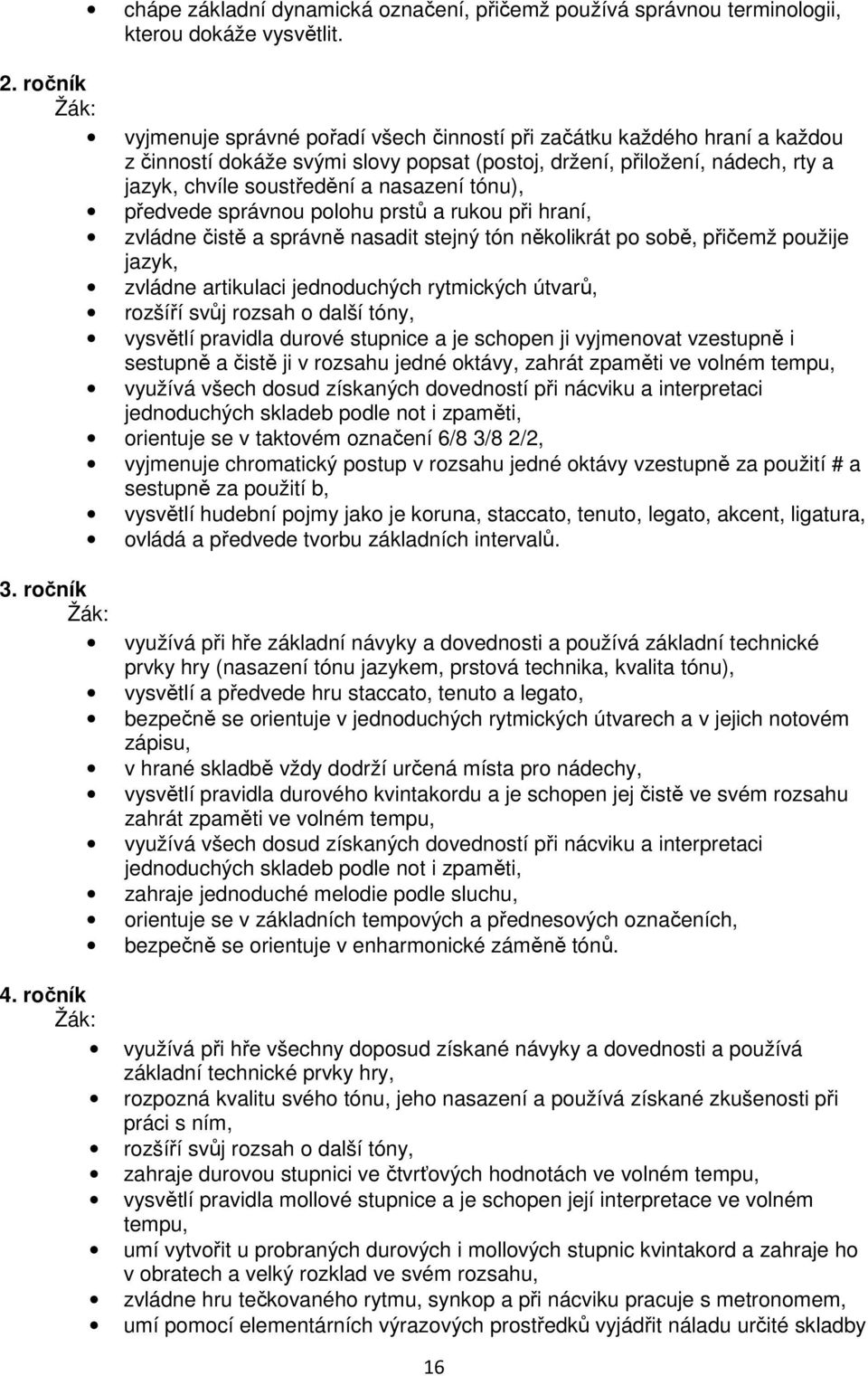 tónu), předvede správnou polohu prstů a rukou při hraní, zvládne čistě a správně nasadit stejný tón několikrát po sobě, přičemž použije jazyk, zvládne artikulaci jednoduchých rytmických útvarů,