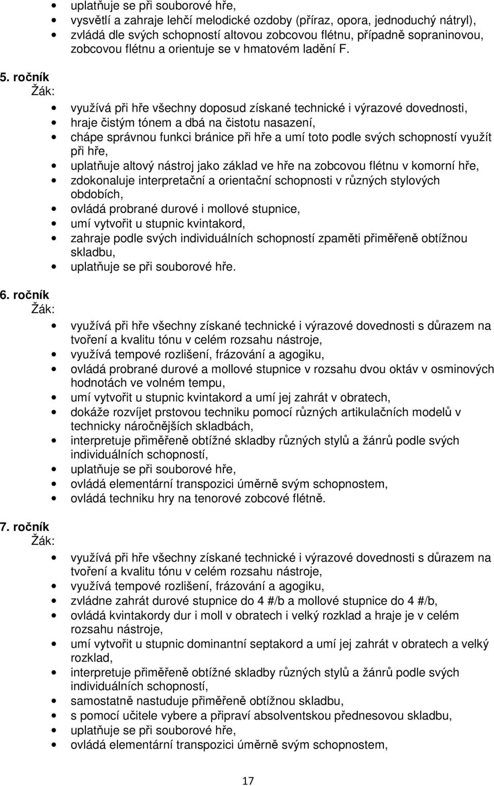 ročník využívá při hře všechny doposud získané technické i výrazové dovednosti, hraje čistým tónem a dbá na čistotu nasazení, chápe správnou funkci bránice při hře a umí toto podle svých schopností