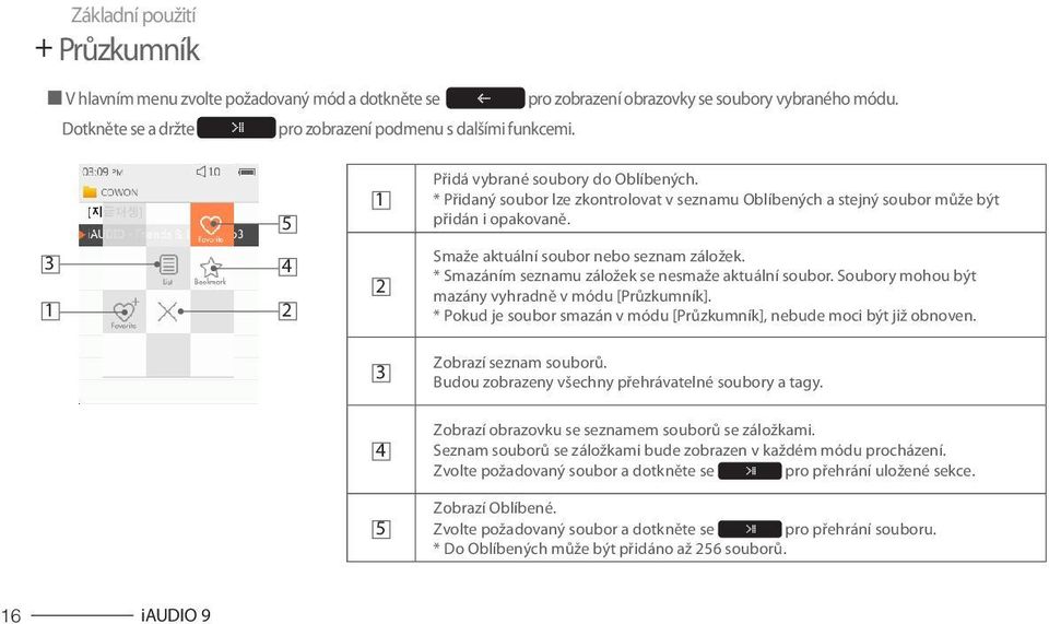 * Smazáním seznamu záložek se nesmaže aktuální soubor. Soubory mohou být mazány vyhradně v módu [Průzkumník]. * Pokud je soubor smazán v módu [Průzkumník], nebude moci být již obnoven.