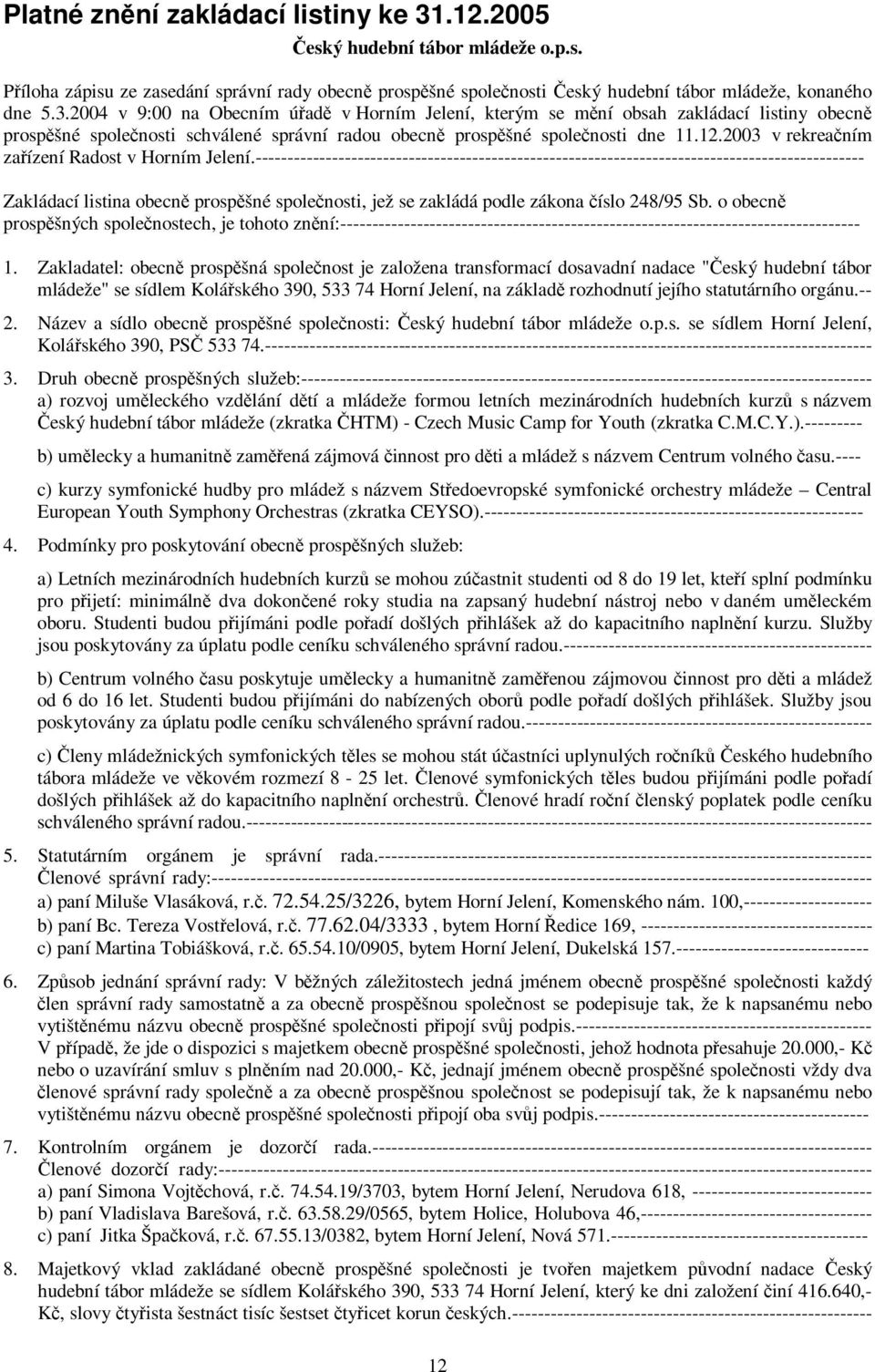 ----------------------------------------------------------------------------------------------- Zakládací listina obecn prospšné spolenosti, jež se zakládá podle zákona íslo 248/95 Sb.