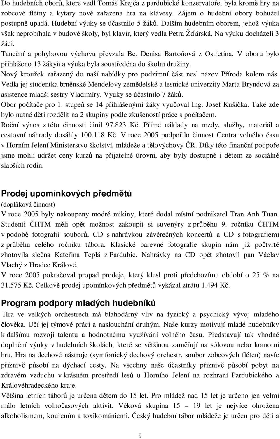 Tanení a pohybovou výchovu pevzala Bc. Denisa Bartoová z Ostetína. V oboru bylo pihlášeno 13 žáky a výuka byla soustedna do školní družiny.