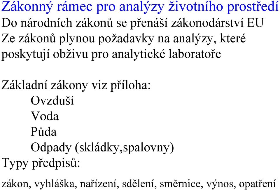 analytické laboratoře Základní zákony viz příloha: Ovzduší Voda Půda Odpady