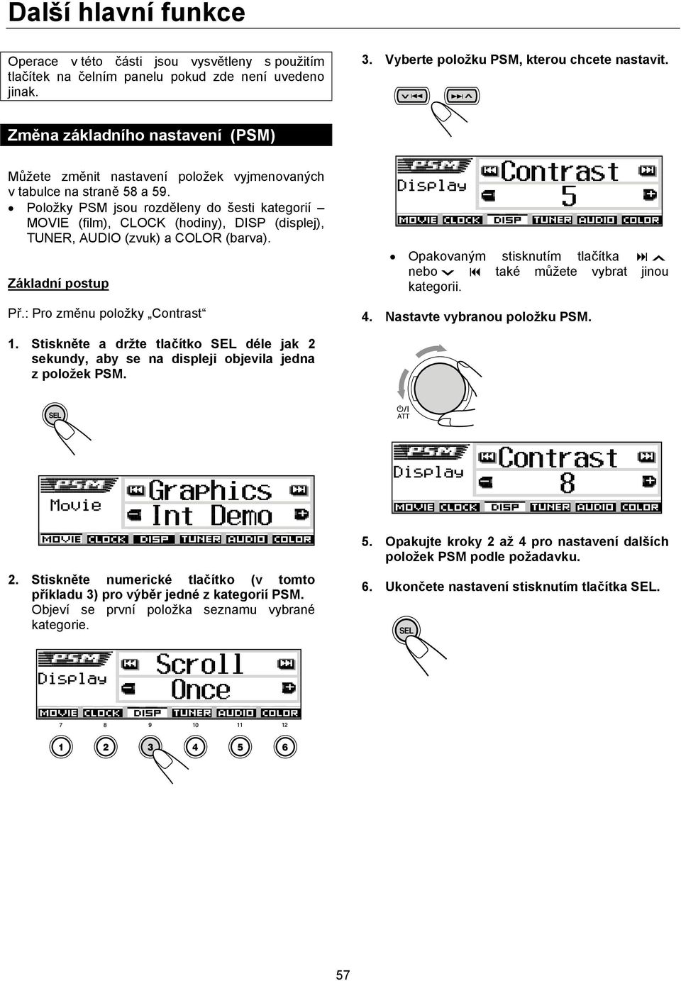Položky PSM jsou rozděleny do šesti kategorií MOVIE (film), CLOCK (hodiny), DISP (displej), TUNER, AUDIO (zvuk) a COLOR (barva). Základní postup Př.