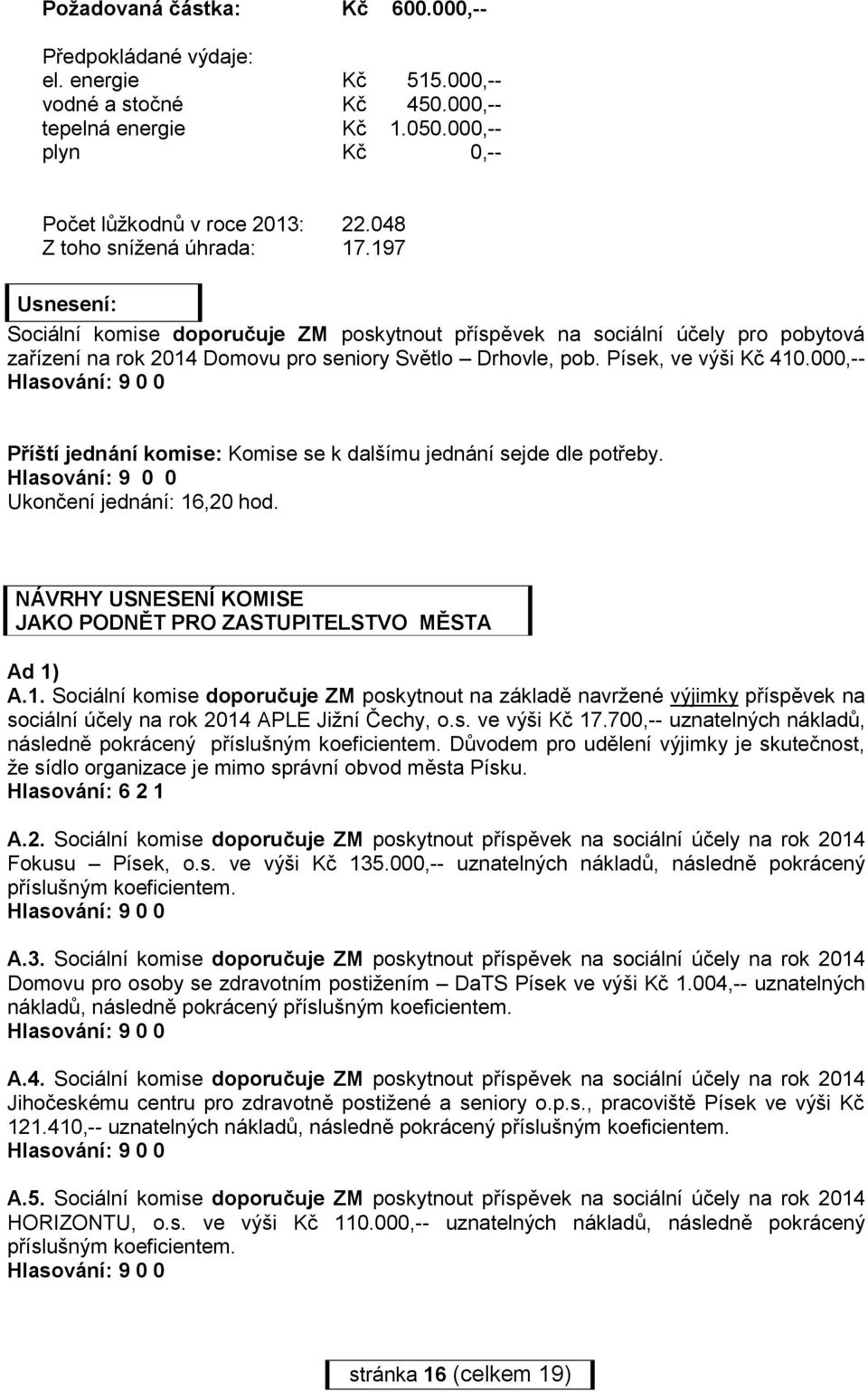 000,-- Příští jednání komise: Komise se k dalšímu jednání sejde dle potřeby. Ukončení jednání: 16